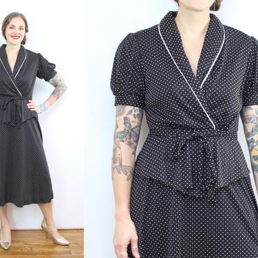Vintage 70's Black and White Polka Dot Dress / 1970's Poly Jersey Dress / Puff Sleeve / Women's Size Medium - Large 