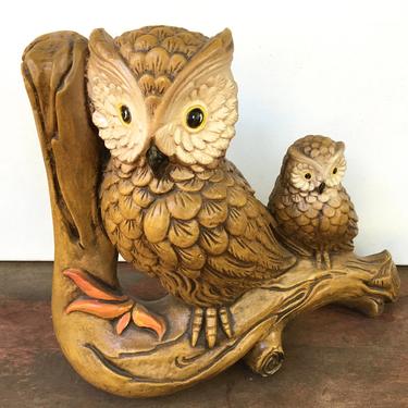 70's Vintage Owl And Baby Statue, Retro Plaster Owls On Branch, Made In Mexico, Marked Laer 