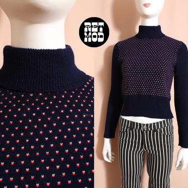 Flattering Vintage 70s Dark Blue Sweater with Red White Arrow Pattern 