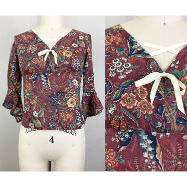 Vintage 70s Brown Floral Prairie Top Blouse Cotton Shirt Hippie Boho XS/S 