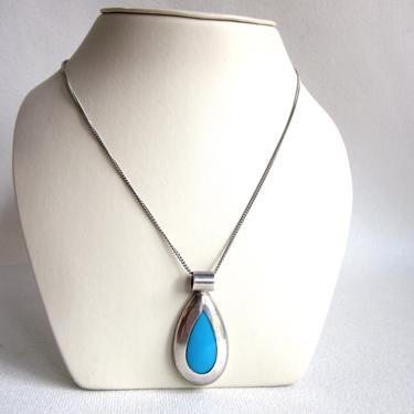Vintage Mexican Sterling Silver Bright Cerulean Blue Sleeping Beauty Turquoise Modernist Teardrop Inlay Pendant Necklace 