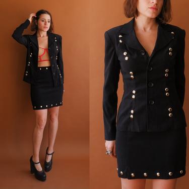 Vintage 90s Studded Suit/ 1990s Black Mini Skirt and Blazer Set/ Size XS Small 