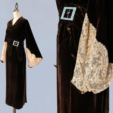 1930s Dress / 30s Silk Velvet and Lace Dress / Rhinestone Art Deco Belt Buckle / Bishop Sleeves 