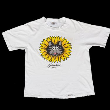 Vintage Kliban Cat Sunflower Crazy Shirts Hawaii Tee - Men's Medium, Women's Large | 80s 90s Distressed Off-White Combed Cotton Graphic Tee 