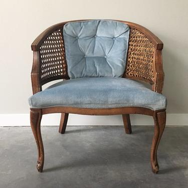 vintage cane barrel chair in blue.