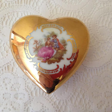 Vintage Lovely JKW Porcelain 22 Kt Gold Fragonard Couple  Heart Shaped Trinket Box- 1940's Western Germany 