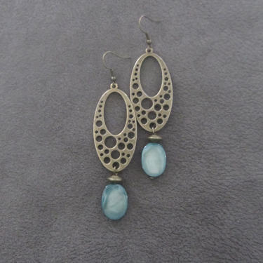 Mother of pearl earrings, statement long shell earrings, bohemian earrings, bold earrings, mid century modern, blue tribal bronze geometric 
