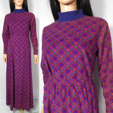 Vintage 70s Rainbow Plaid Fuzzy Purple Skirt Set Maxi Skirt Mock Neck 2 Piece Size M/L 
