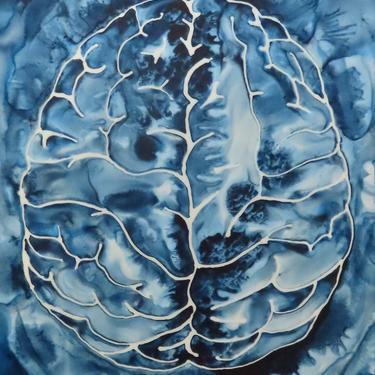 Deep Blue Brain -  original ink painting on yupo - neuroscience art 