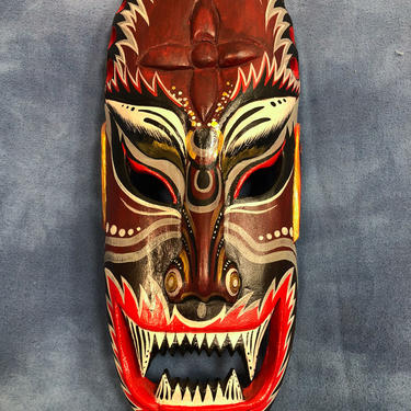 Vintage Hand Carved and Painted Long Wooden Mask, Sharp Teeth Bali Indonesia Tiki, Scary Cool 