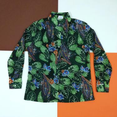 Unique Vintage 70s Green Floral Paisley Long Sleeve Button Down Collared Shirt 