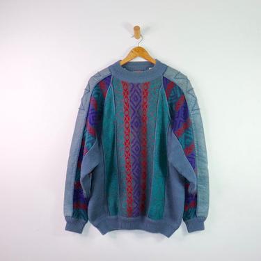 Vintage 90's Blue Men’s Juice Multi Color Leather Sweater, XL 