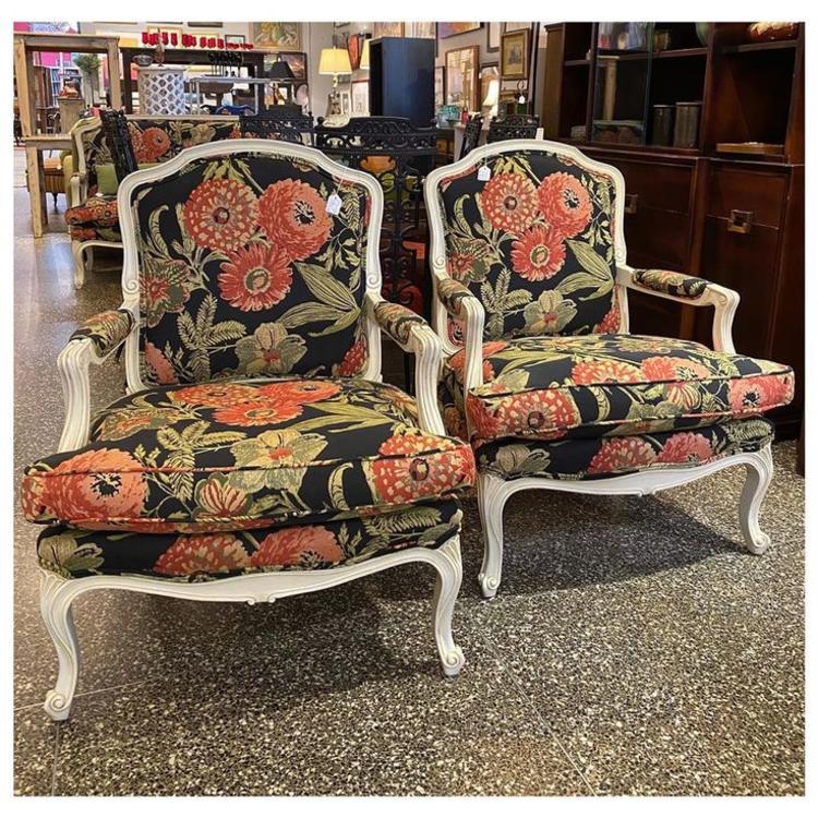Pair of fancy Louis XV style Floral chairs 37.5” height-back / 28” deep / 29” wide / 18” height -seat 