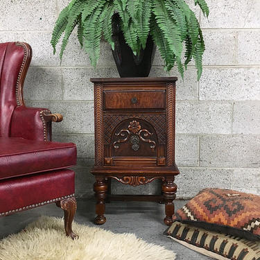 LOCAL PICKUP ONLY Vintage Wood End Table Retro 1970's Carved Wood Details and Ornate Metal Hardware with Drawer and Cabinet Nightstand 