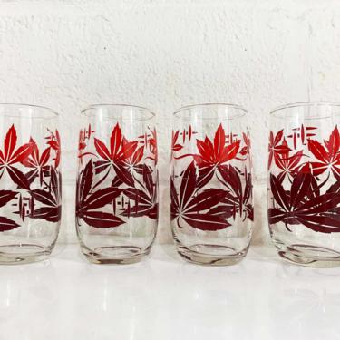 Vintage Red and Maroon Glasses Matching Set Of Four Cocktail Bar Leaves Highballs 1960s 60s Barware Mid-Century Leaf Pattern Burgundy 