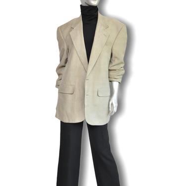 Vintage Halston Womens Oversized Blazer in Taupe Faux Suede Loose Fit Boyfriend Jacket 