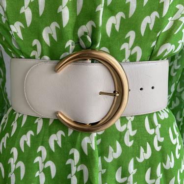 1980s Cream Wide Leather Belt with Brushed Gold Buckle