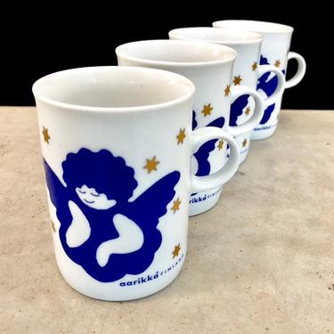 Set of 4 aarikka Finland Blue Cherubs Gold Stars Christmas Coffee Cups 