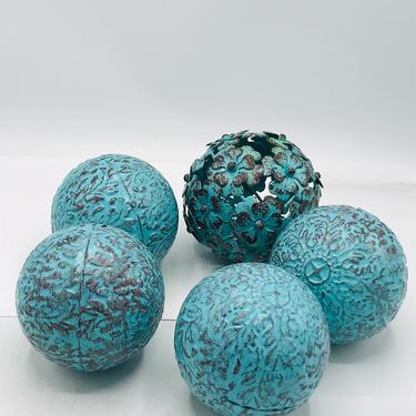 Vintage (5)  Metal Turquoise  Orbs Decorative Carpet Balls- 3.38&quot; and 4&quot; Design 
