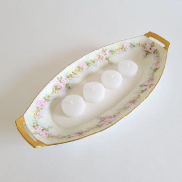 Vintage Porcelain Celery Dish, Long Oval Tray or Centerpiece with Gold Handles 