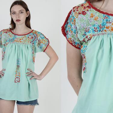 Teal Oaxacan Top Gold Floral Hand Embroidered Crochet Lace Mexican Tunic 