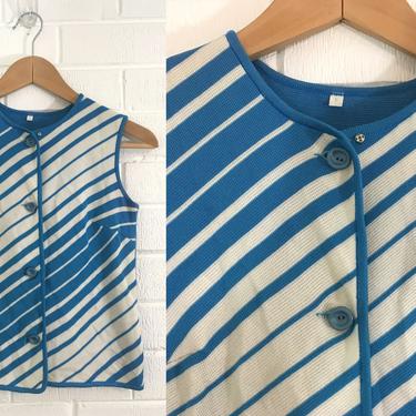 Vintage Blue Stripe Button Vest 70s 1970s Retro Sleeveless Cardigan Knit Boho Mod Hipster Unisex Women's Small XS XXS Retro Petite 