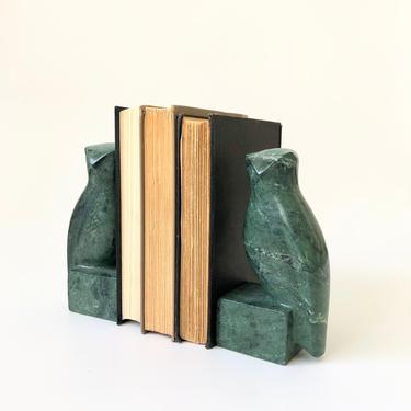 Pair of Vintage Green Stone Owl Bookends 