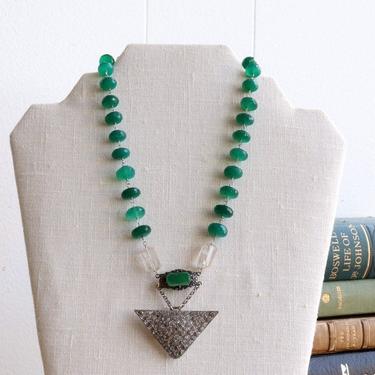 The Speakeasy Vanishes at Midnight [assemblage necklace: antique buckle &amp; link, quarz, green onyx, pearl, sterling silver] 