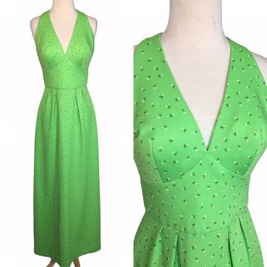 1970s Green Micro Floral Pattern Halter Maxi Dress Boho Hippie Style 