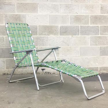 Vintage Lawn Chaise Lounge Retro 1960s Mid Century Modern + Silver Aluminum + Webbed Seat + Fold Up + Lightweight + Outdoor + Patio Seating 