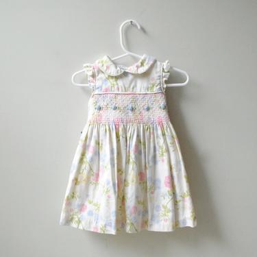 Vintage Laura Ashley Pink and White Cotton Dress, Rosette Dress, 9 Month Baby Dress, Floral Baby Dress, Smocked Baby Dress 