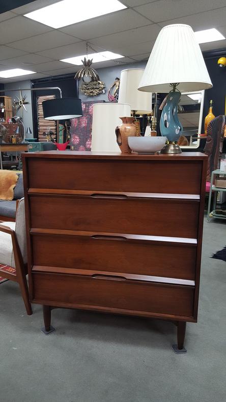 Mid-century American walnut highboy dresser with recessed finger pulls by Hooker