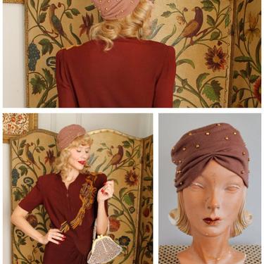 1940s Turban // Studded Wool Turban // vintage 40s hat 