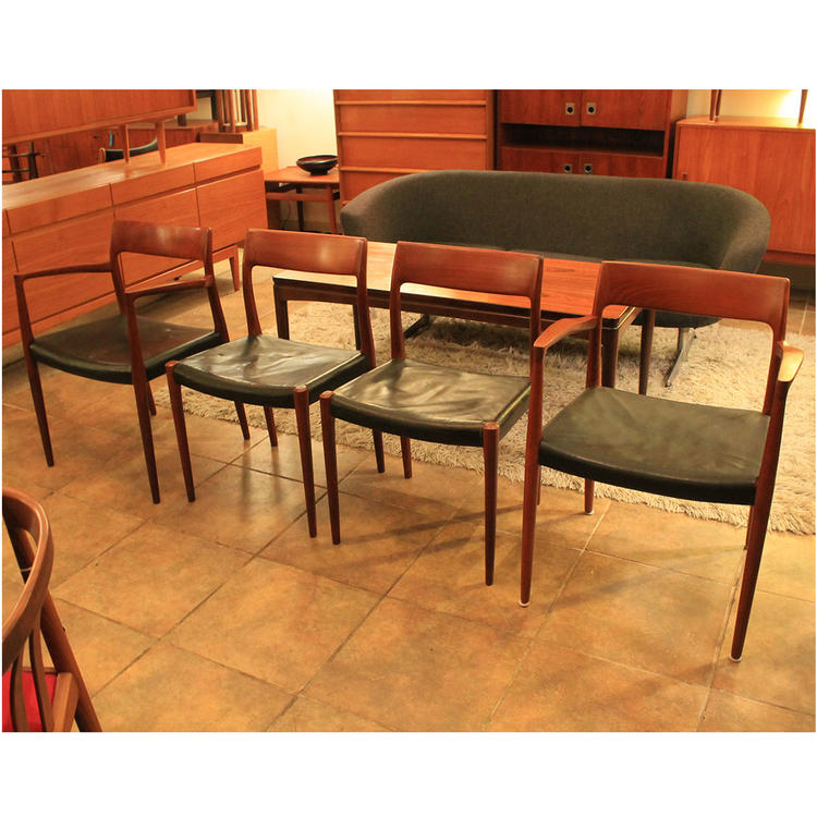 Set of 4 Leather Danish Teak Niels Moller #77 Dining Chairs