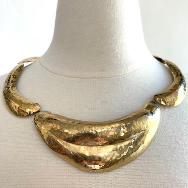 70’s Vintage HAMMERED STATEMENT BIB Necklace / Modernist Collar Style / Brass Gold Tone 