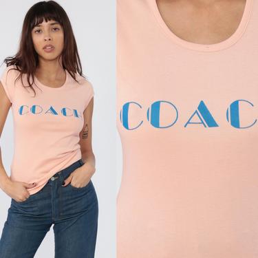 70s COACH Shirt Peach Girly Baby Tee Tshirt 1970s Vintage Cap Sleeve T Shirt 80s Retro Top Coral Blue Girly Fit Slogan Graphic Fitted Small 