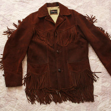 60s Towncraft Suede Fringe Coat Leather Western Jacket Brown Size S / M 