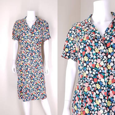 1990s Bold &amp; Busy Floral Shirt Dress, Extra Large ~ Small Flower Print Frock ~ Button Front Rayon Shift Dress ~ Casual Summer Midi Day Dress 