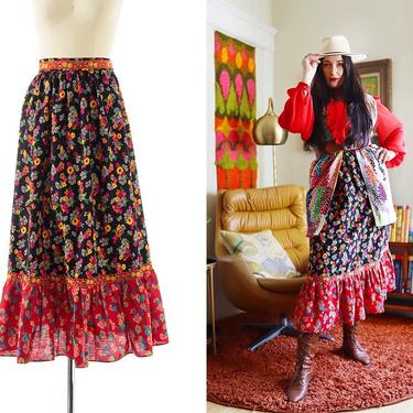 Vintage 1970s Skirt | 70s Floral Calico Printed Color Block Cotton Tiered Black High Waisted A-Line Boho Peasant Midi Maxi Skirt (x-small) 