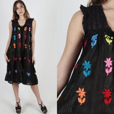 Black Crochet Tent Dress / Thin South American Embroidered Dress / Vintage Mexican Bright Lightweight Floral / See Through Lace Trim Mini 