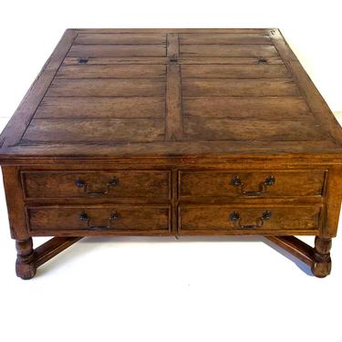 Bausman & Company Rustic French Country Walnut Storage Coffee Table Modern Farmhouse Décor Square Cross X Base Furniture 4 Drawers 
