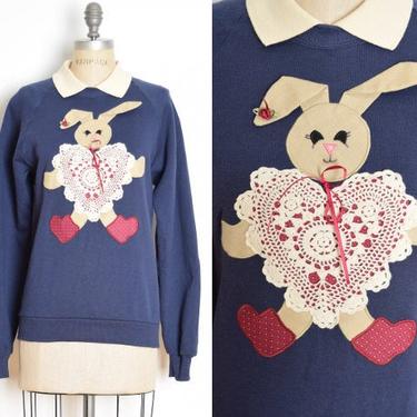 vintage 90s sweatshirt navy applique bunny rabbit crochet top tee shirt M clothing 