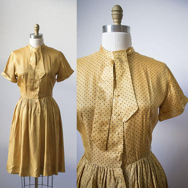 Vintage Gold Dress / Polka Dot Dress / 1950s Silk Shirt Dress / Tie Top Dress / Shirt Dress / Gold and Black Dress 