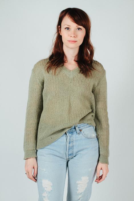 Vintage Green V-neck Loose Knit Sweater S/M 