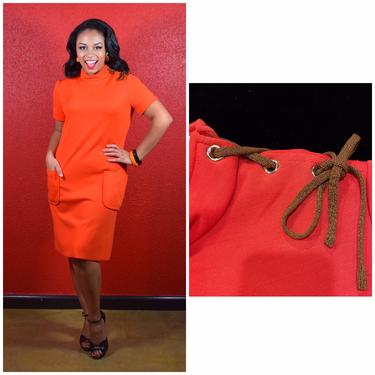 1960s Burnt Orange Double Knit Lace Up Dress 