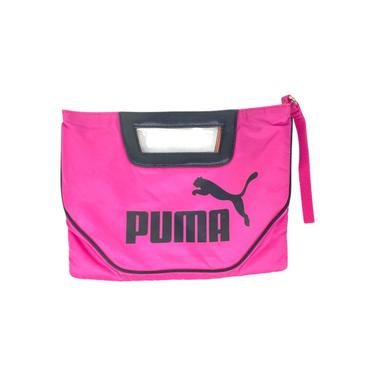 Vintage Puma Clutch Purse, Magnetic Closure Top Handle Hot Pink &amp; Black Nylon Feel Sporty Clutch Wristlet Purse 