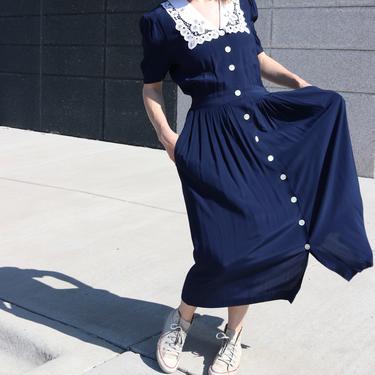 Vintage Puff Sleeve Tea Dress / 80's KARIN STEVENS Lace Collar Pleated Midi / Medium 