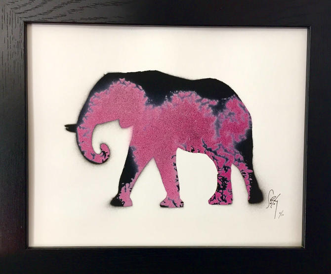 Pink Elephant Original Art - Framed Stencil - Spray paint Wall Art *Gift, Collectible, Limited Series Signed by Artist 