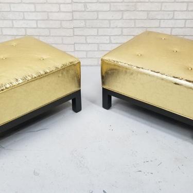 Christian Liaigre Rare Gold Distressed Leather Upholstered Stools for Holly Hunt - Pair 
