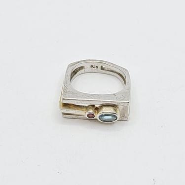 Modernist Sterling Silver 925 Multi Gem Stone, Blue Topaz and Garnet Ring. Size 7.5 